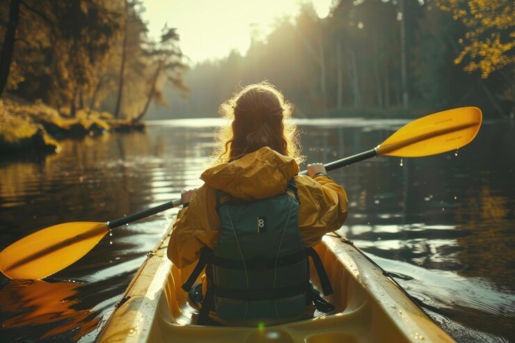 Foto una persona con una chaqueta amarilla y un kayak a juego remando a través de aguas tranquilas