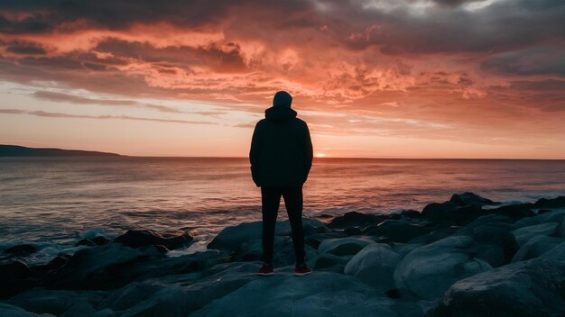 Persona con chaqueta negra de pie en la orilla rocosa durante la puesta de sol