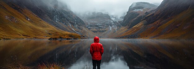 Una persona con una chaqueta roja está en el borde de un lago