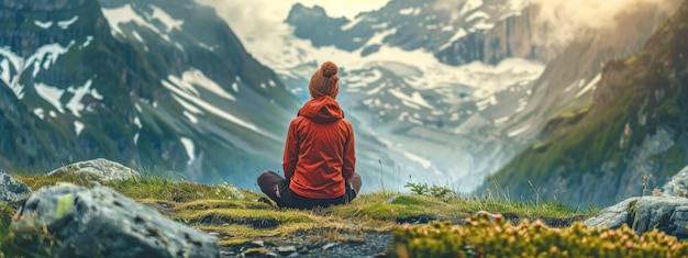 Persona con chaqueta roja meditando en medio de majestuosas montañas