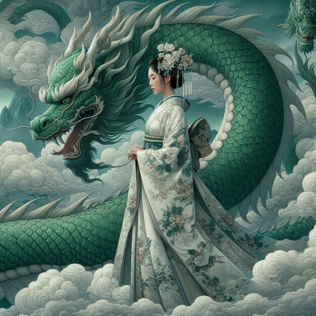 Foto una persona china de pie con un majestuoso dragón