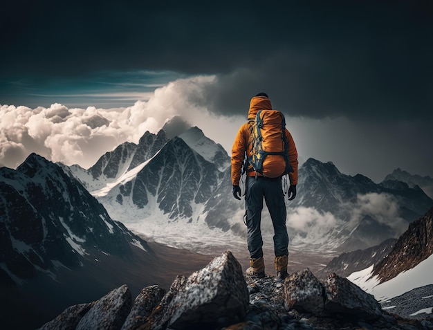 Una persona se para en la cima de una montaña y mira a la distancia generada por IA