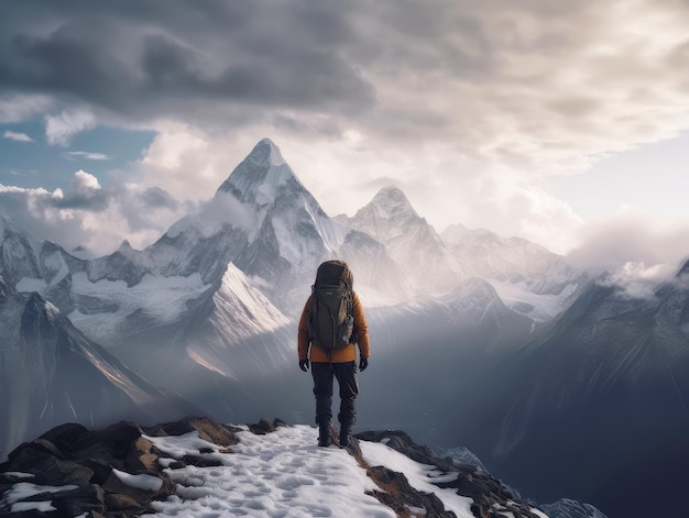 Una persona se para en la cima de una montaña y mira a la distancia generada por IA