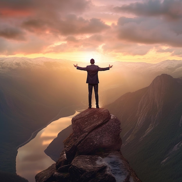 Foto una persona en la cima de una montaña simboliza el desarrollo personal en los negocios ia generativa