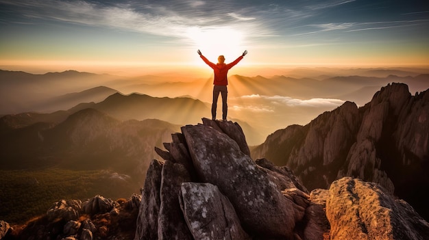 Una persona en la cima de una montaña con el sol brillando en sus brazos.