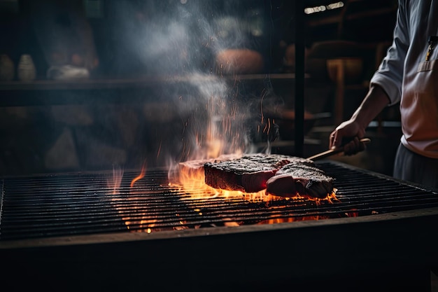 Persona cocinando bistec wagyu en parrilla caliente con llamas y humo