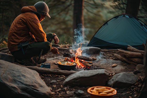 Persona cocinando la cena sobre una fogata mientras la mochila descansa cerca creada con IA generativa