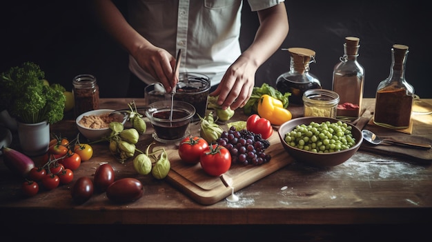 Una persona cocinando en una cocina con un plato de comida sobre una mesa.