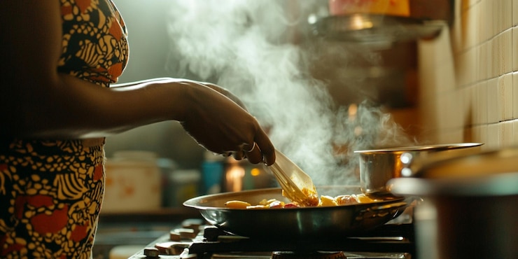 una persona cocinando comida en una estufa con humo saliendo de ella