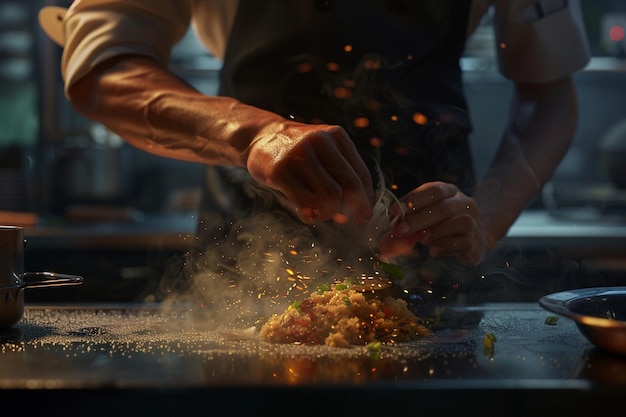 Foto una persona cocinando comida con muchas chispas