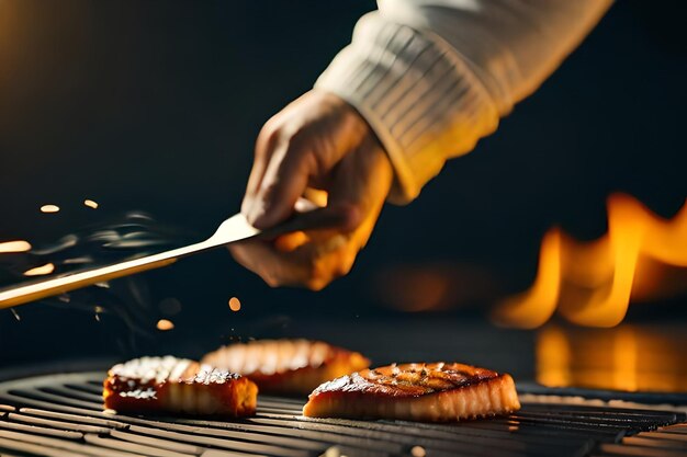 Foto una persona está cocinando comida en una parrilla con un cuchillo.