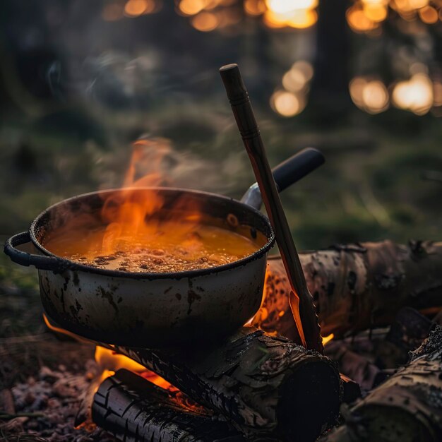 Persona cocinando comida sobre un fuego abierto