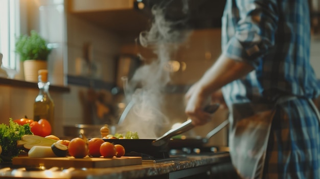 Persona cocinando en la estufa en la cocina de la casa con el vapor que se levanta de la sartén rodeada de verduras frescas