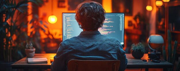Persona codificando en una computadora en un ambiente acogedor con poca luz