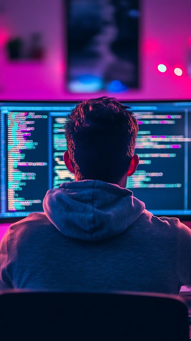 Foto una persona codificando en una computadora con un código colorido mostrado en pantallas en una habitación débilmente iluminada