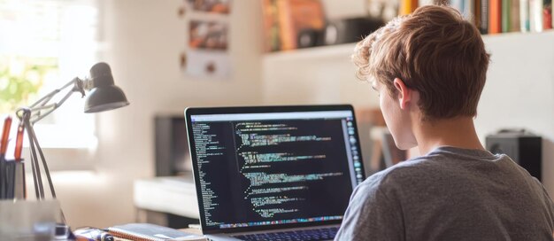 Una persona codificando en una computadora portátil en una habitación bien iluminada