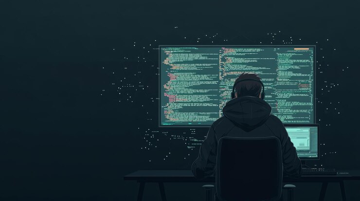Foto una persona codificando en una computadora rodeada de líneas de código en un fondo oscuro