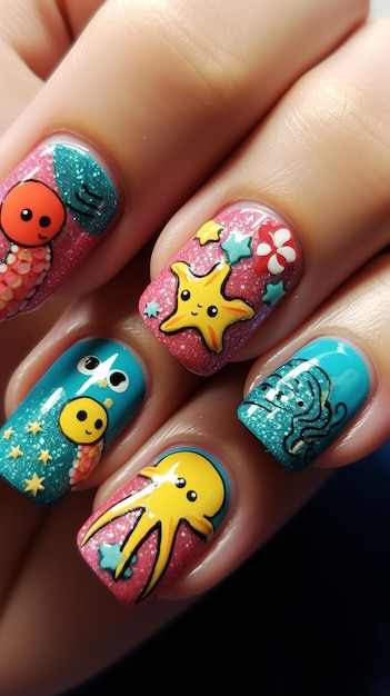 Foto persona con una colorida manicura con peces y estrellas