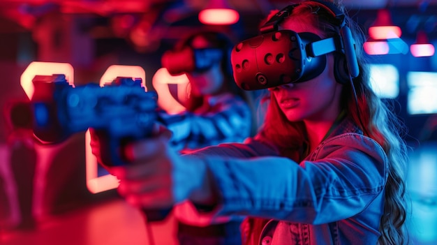 Persona completamente inmersa en realidad virtual auricular VR en entrar en un mundo de juegos interactivos entornos virtuales realistas AI generativo