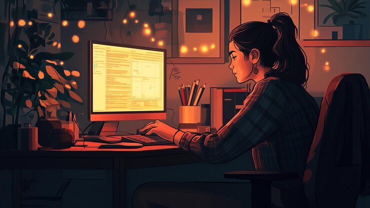 Foto una persona concentrada trabajando tarde en la noche en una computadora rodeada de luces suaves y brillantes