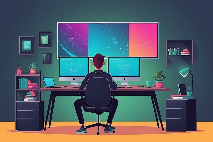 Foto una persona con una configuración de doble pantalla para el trabajo de diseño creativo