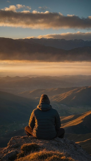 Persona contemplando el amanecer desde la cima de una montana