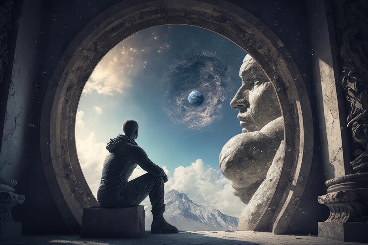 Foto persona contemplando el mundo con la mente de dios de fondo