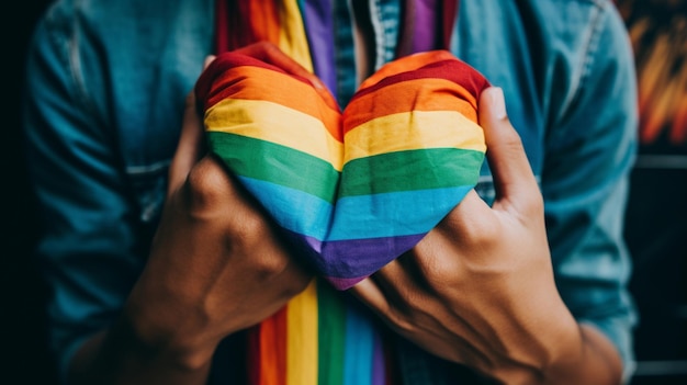 persona con corazón con una bandera del arco iris en el estilo de detalles auténticos fuerte imp emocional