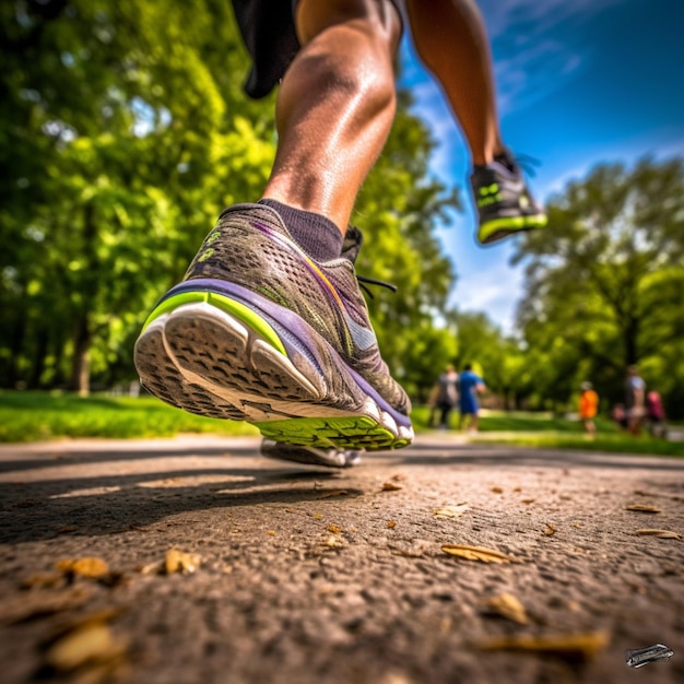 Una persona corre por una carretera con la palabra "correr" en el lado derecho.