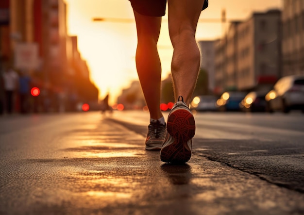 Una persona corriendo por una calle de la ciudad al atardecer.