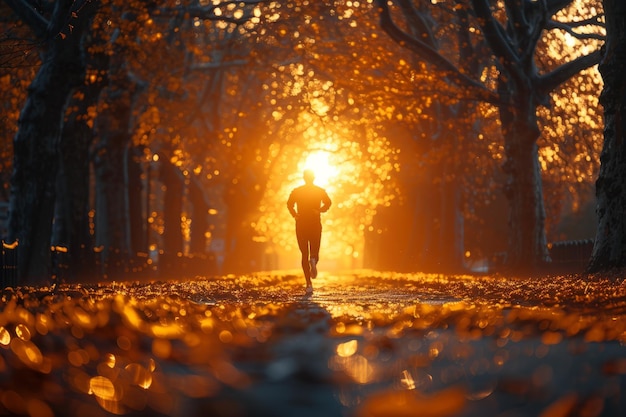 Persona corriendo por el camino al atardecer