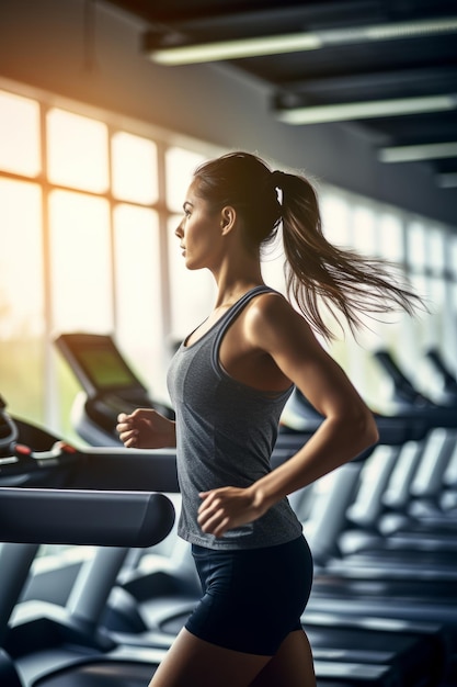 una persona corriendo en una cinta de correr en el gimnasio creada con tecnología de IA generativa