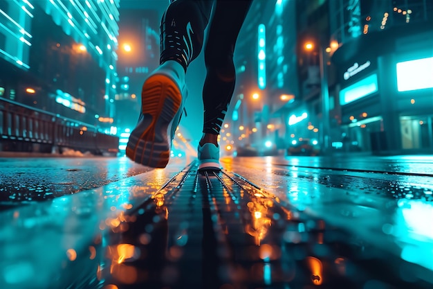 Foto persona corriendo por la ciudad por la noche