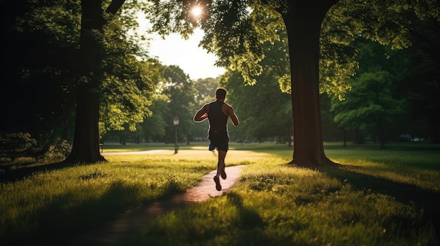 Una persona corriendo en un parque con el sol brillando a través de los árboles.