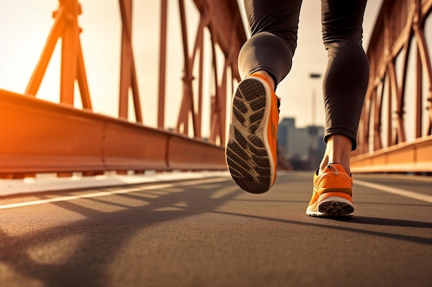 Una persona corriendo por un puente con el sol poniéndose detrás de ellos Concepto de estilo de vida saludable