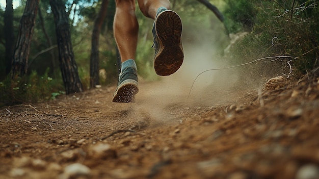 una persona corriendo en la suciedad con un zapato en el pie