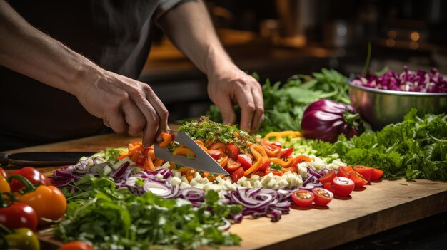 Una persona corta meticulosamente las verduras en una tabla de cortar de madera