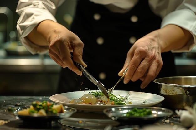 Una persona cortando comida en un plato con un cuchillo