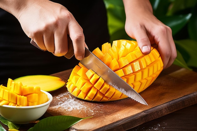 Una persona cortando un mango maduro con un cuchillo