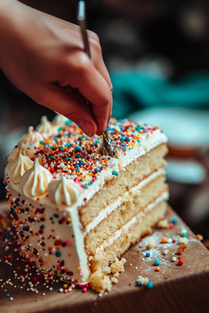 una persona cortando un pedazo de pastel con un cuchillo