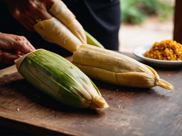 Foto una persona está cortando un poco de maíz en una mesa