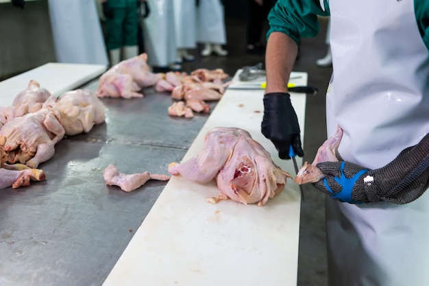 Una persona cortando un pollo sobre una mesa.