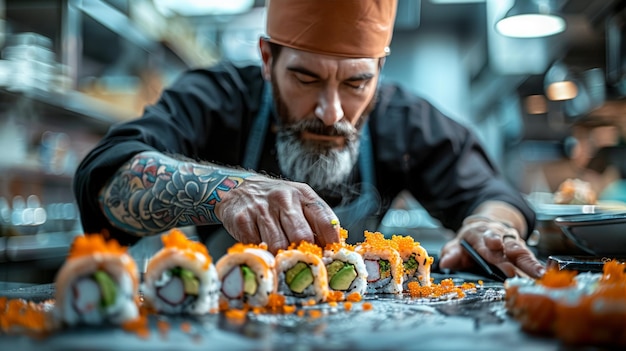 Persona cortando un rollo de sushi en la mesa