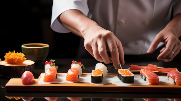 Persona cortando sushi en una tabla de madera