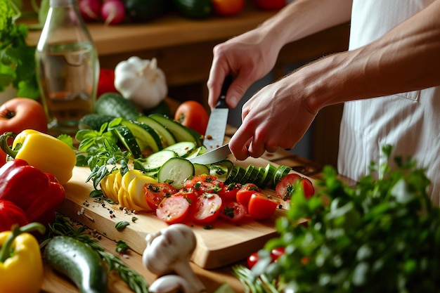 una persona cortando verduras en una tabla de cortar con un cuchillo