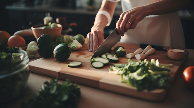 Una persona cortando verduras en una tabla para cortar