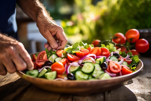 Una persona cosechando verduras frescas para ensalada griega en un jardín