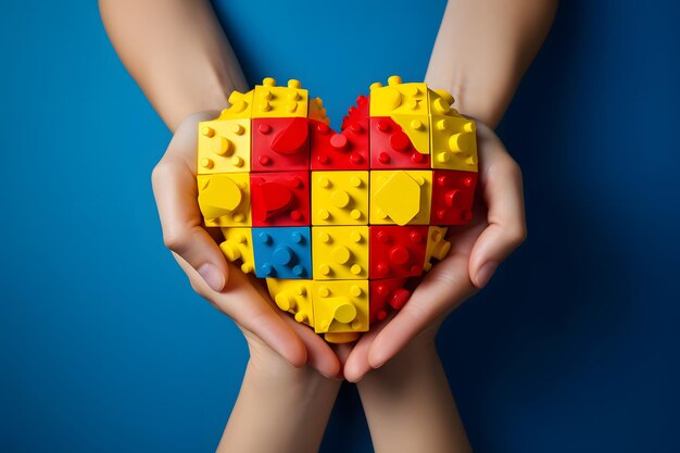 Persona creativa de amor con un corazón hecho de ladrillos de Lego en sus manos IA generativa