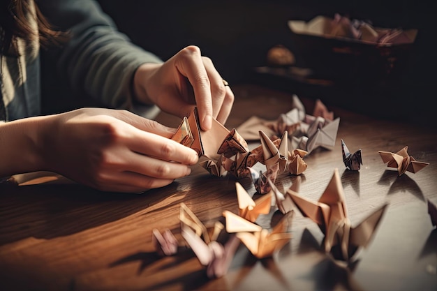 Persona creativa que trabaja en un proyecto de origami intrincado y delicado creado con inteligencia artificial generativa