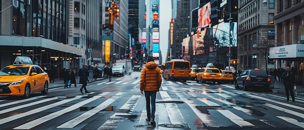 Foto una persona cruzando un cruce peatonal ocupado en la ciudad de nueva york